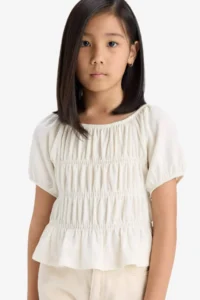 DeFacto Relax Fit Crew Neck Wrapped Short Sleeve Blouse Girls