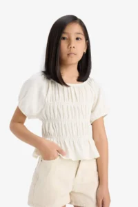 DeFacto Relax Fit Crew Neck Wrapped Short Sleeve Blouse Girls - Image 3