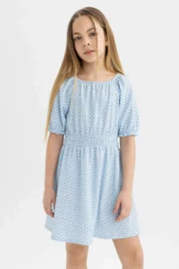 DeFacto Girl's Wrinkled Patterned Short Sleeve Dress