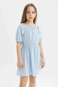 DeFacto Girl's Wrinkled Patterned Short Sleeve Dress - Image 3