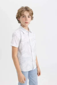 DeFacto Boy's Polo Collar Patterned Linen Look Short Sleeve Shirt