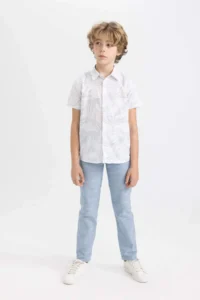 DeFacto Boy's Polo Collar Patterned Linen Look Short Sleeve Shirt - Image 2
