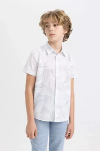 DeFacto Boy's Polo Collar Patterned Linen Look Short Sleeve Shirt - Image 3