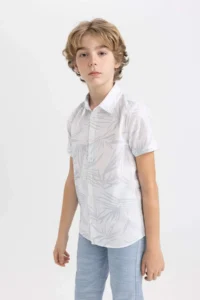 DeFacto Boy's Polo Collar Patterned Linen Look Short Sleeve Shirt - Image 4