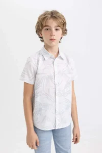 DeFacto Boy's Polo Collar Patterned Linen Look Short Sleeve Shirt - Image 5