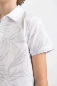 DeFacto Boy's Polo Collar Patterned Linen Look Short Sleeve Shirt - Image 6