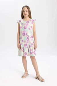 DeFacto Girls' Half Sleeve Floral Dress