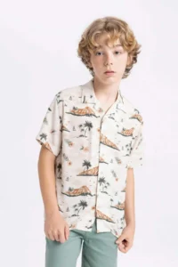 DeFacto Boy's Patterned Polo Neck Viscose Short Sleeve Shirt - Image 4