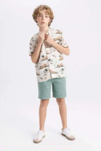 DeFacto Boy's Patterned Polo Neck Viscose Short Sleeve Shirt - Image 5