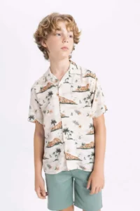 DeFacto Boy's Patterned Polo Neck Viscose Short Sleeve Shirt - Image 6