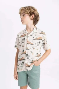 DeFacto Boy's Patterned Polo Neck Viscose Short Sleeve Shirt - Image 7