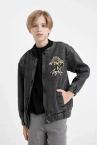 DeFacto College Collar Zipper Pocket Seasonal Printed Jean Bomber Jacket Boy
