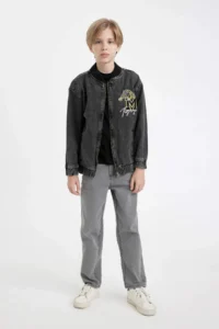 DeFacto College Collar Zipper Pocket Seasonal Printed Jean Bomber Jacket Boy - Image 2