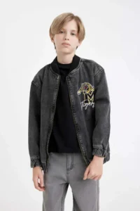 DeFacto College Collar Zipper Pocket Seasonal Printed Jean Bomber Jacket Boy - Image 3