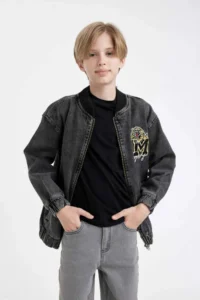 DeFacto College Collar Zipper Pocket Seasonal Printed Jean Bomber Jacket Boy - Image 4