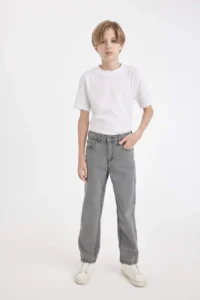 DeFacto Boy's Straight Fit Straight Leg Pocket Gray Basic Plain Jean Pants