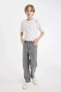 DeFacto Boy's Straight Fit Straight Leg Pocket Gray Basic Plain Jean Pants - Image 2