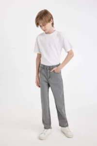 DeFacto Boy's Straight Fit Straight Leg Pocket Gray Basic Plain Jean Pants - Image 3