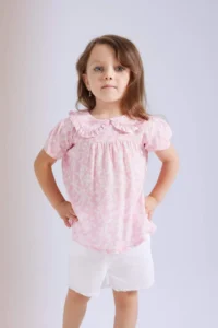 DeFacto Big Collar Crinkle Viscose Floral Short Sleeve Blouse for Baby Girl - Image 3