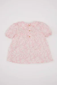 DeFacto Big Collar Crinkle Viscose Floral Short Sleeve Blouse for Baby Girl - Image 8