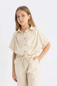 DeFacto Cropped Fit Cotton Short Sleeve Shirt Girls - Image 3