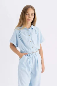 DeFacto Cropped Fit Cotton Short Sleeve Shirt Girls - Image 3