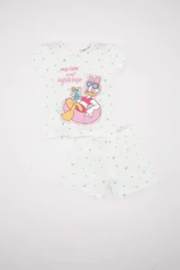 DeFacto Baby Girl Pajama Set Daisy Duck Combed Cotton Short Sleeve Top with Elastic Waist Shorts Bottom