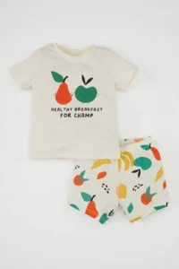DeFacto Baby Boy Pajama Set Printed Combed Cotton Short Sleeve Elastic Waist Shorts Bottom C5193a5