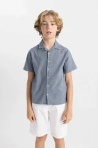 DeFacto Oversize Wide Fit Polo Neck Seersucker Textured Short Sleeve Shirt Boy