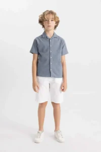 DeFacto Oversize Wide Fit Polo Neck Seersucker Textured Short Sleeve Shirt Boy - Image 2
