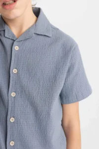 DeFacto Oversize Wide Fit Polo Neck Seersucker Textured Short Sleeve Shirt Boy - Image 5