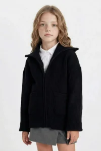 DeFacto Knitwear Basic Plain Stand Collar Zippered Pocket Black School Cardigan Girl