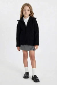 DeFacto Knitwear Basic Plain Stand Collar Zippered Pocket Black School Cardigan Girl - Image 2