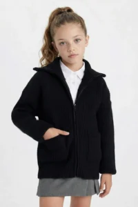 DeFacto Knitwear Basic Plain Stand Collar Zippered Pocket Black School Cardigan Girl - Image 3