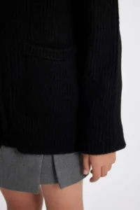 DeFacto Knitwear Basic Plain Stand Collar Zippered Pocket Black School Cardigan Girl - Image 4
