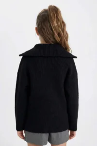 DeFacto Knitwear Basic Plain Stand Collar Zippered Pocket Black School Cardigan Girl - Image 5