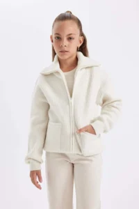 DeFacto Girl's Knitwear Basic Plain Stand-Up Collar Pocket Zippered Ecru School Cardigan - Image 2