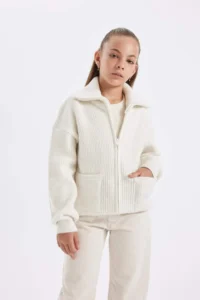 DeFacto Girl's Knitwear Basic Plain Stand-Up Collar Pocket Zippered Ecru School Cardigan - Image 4