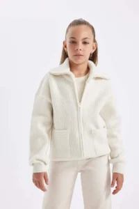 DeFacto Girl's Knitwear Basic Plain Stand-Up Collar Pocket Zippered Ecru School Cardigan - Image 5