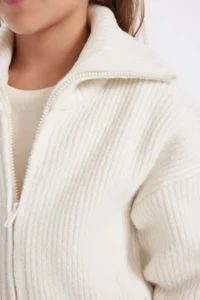 DeFacto Girl's Knitwear Basic Plain Stand-Up Collar Pocket Zippered Ecru School Cardigan - Image 6