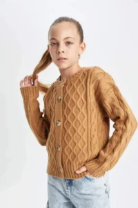 DeFacto Knitwear Basic Plain Crew Neck Buttoned Cardigan Girl - Image 4