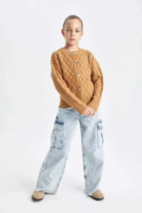 DeFacto Knitwear Basic Plain Crew Neck Buttoned Cardigan Girl - Image 5