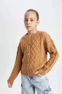 DeFacto Knitwear Basic Plain Crew Neck Buttoned Cardigan Girl - Image 6