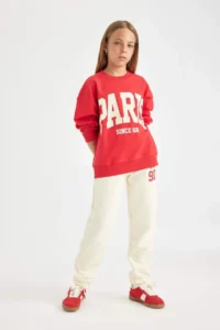 DeFacto Girls' Ecru Printed Elastic Waist Pocket Jogger School Sweatpants - Image 2