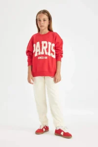 DeFacto Girls' Ecru Printed Elastic Waist Pocket Jogger School Sweatpants - Image 3