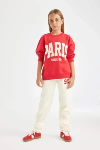 DeFacto Girls' Ecru Printed Elastic Waist Pocket Jogger School Sweatpants - Image 4