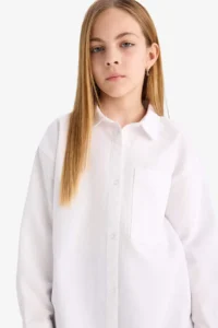 DeFacto Girl's Oversize Wide Fit Poplin Basic Plain Long Sleeve White School Shirt