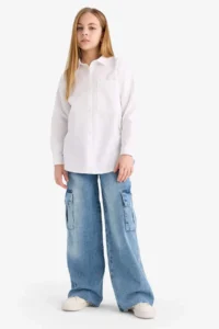 DeFacto Girl's Oversize Wide Fit Poplin Basic Plain Long Sleeve White School Shirt - Image 2