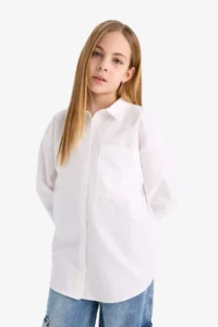 DeFacto Girl's Oversize Wide Fit Poplin Basic Plain Long Sleeve White School Shirt - Image 3