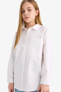 DeFacto Girl's Oversize Wide Fit Poplin Basic Plain Long Sleeve White School Shirt - Image 4